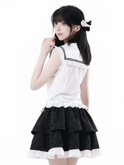 Polka-dot Tiered Skirt Lace White Trim Black