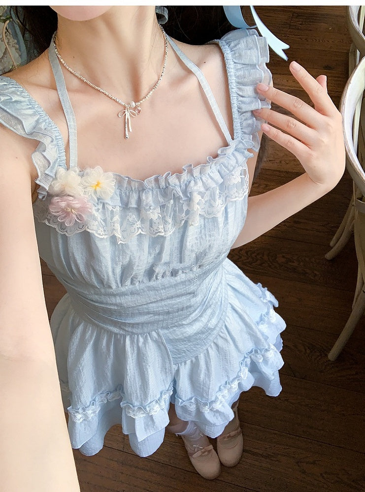 Sleeves Light Blue Flutter Dress Skirt Asymmetrical Chiffon Halter Neck Tiered