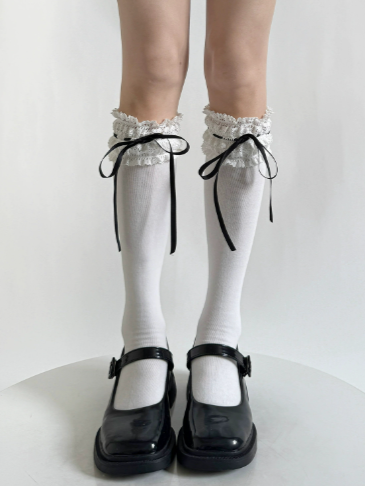Lace-Trimmed 6 Options Sweet Color Bow Ribbon Stockings
