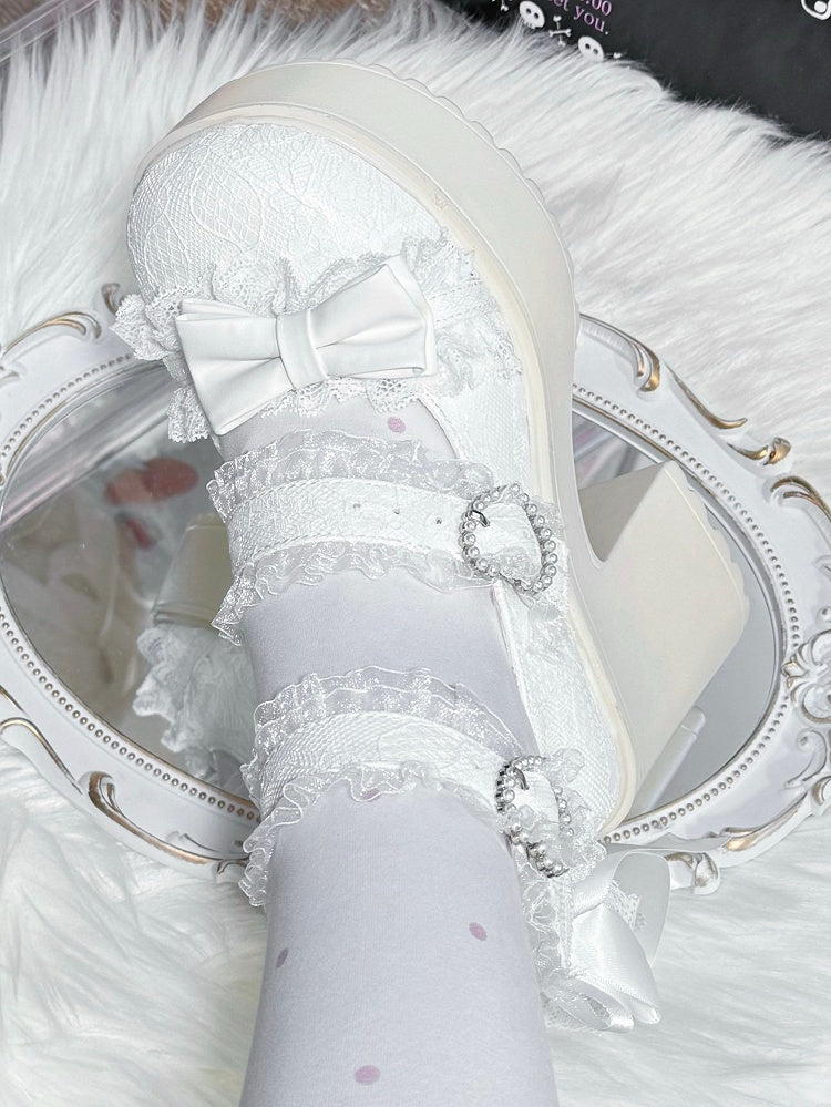 Shoes Platform Jirai - Trim Mary Lace Heels Block High Kei White Jane with