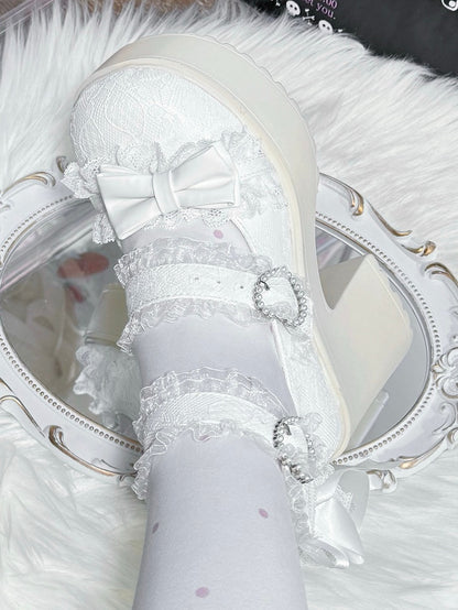 Shoes Platform Jirai - Trim Mary Lace Heels Block High Kei White Jane with