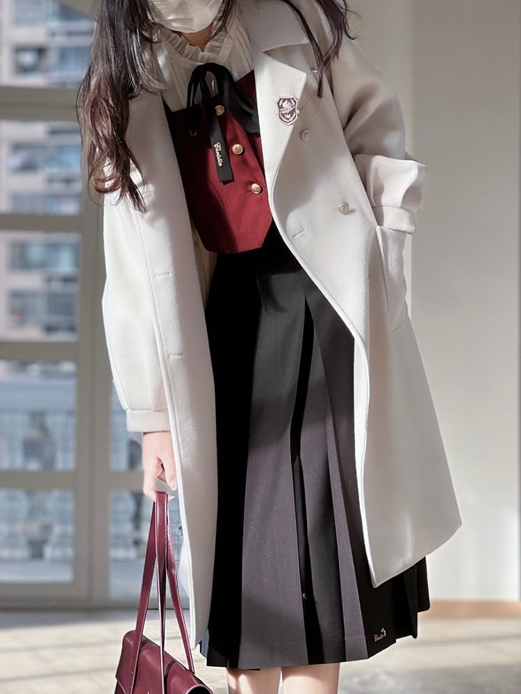 Double Breasted Design Notched Collar  with Long Woolen Coat White