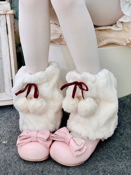 Grey Y2K Bowknot Plush Leg Warmers With Pompons