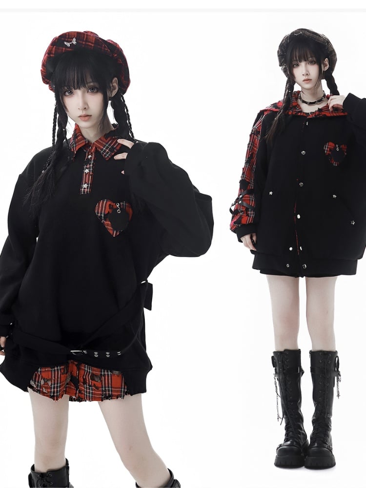 Red Plaid Sailor Collar Heart Applique Black Hooded Jacket