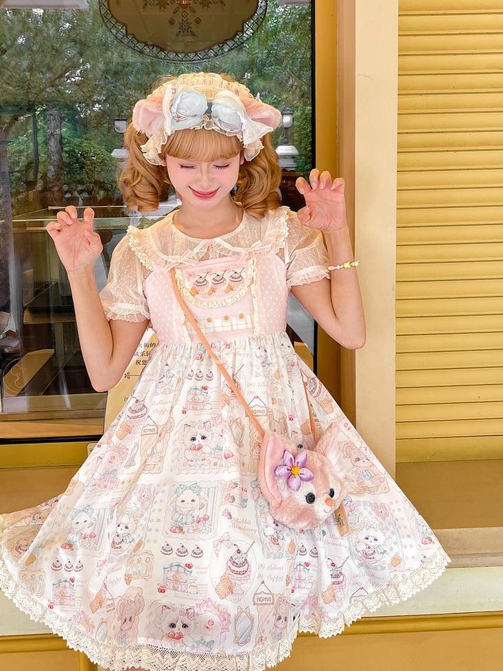 Sweet Lolita Dress Jumper Pink Flutter Sleeves Kitten and Cake Print Skirt