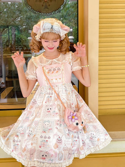 Sweet Lolita Dress Jumper Pink Flutter Sleeves Kitten and Cake Print Skirt