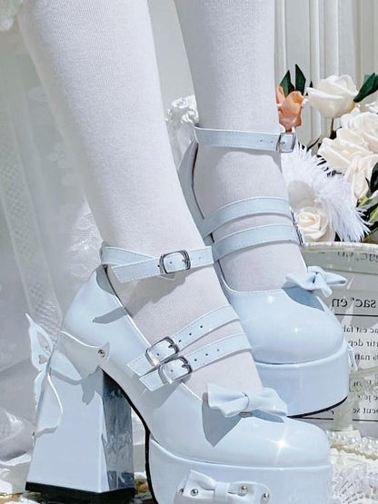 Light Blue Bowknot Stud Butterfly Platform High Block Heels Lolita Shoes