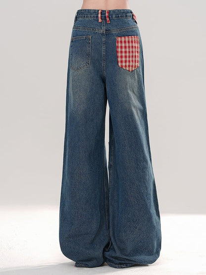 Blue Detachable Plaid Bow Cargo Pockets Wide-leg Cut Jeans