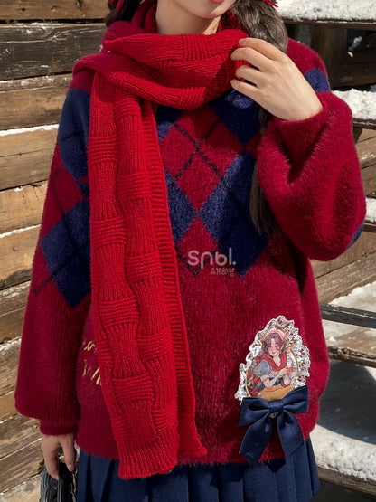 Snow White Princess Red Diamond Pattern Mohair Loose Sweater