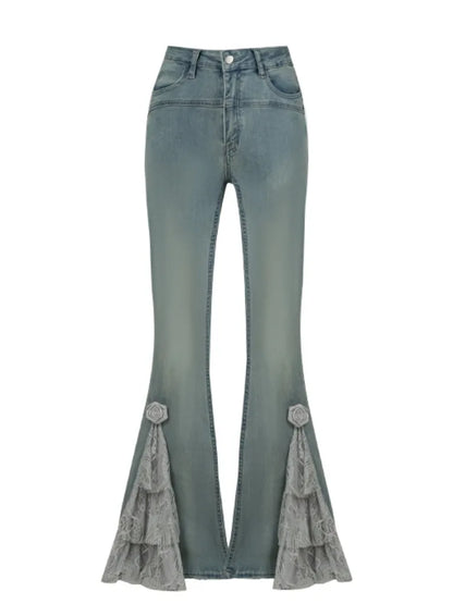 Blue Fishtail Patch Lace Cuffs Jeans Gray Layered