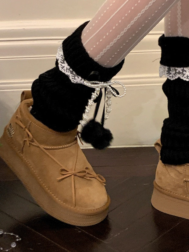Black/Khaki/Milk White Bowknot Lace Trim Leg Warmers With Pompons