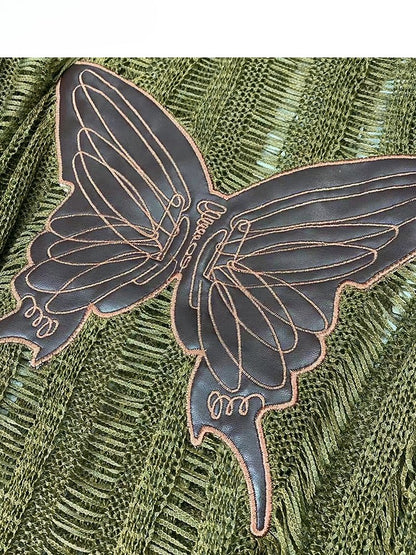 Knitted Protection Top Applique Sun Long Bittersweet Glamorous Sleeve Butterfly Green