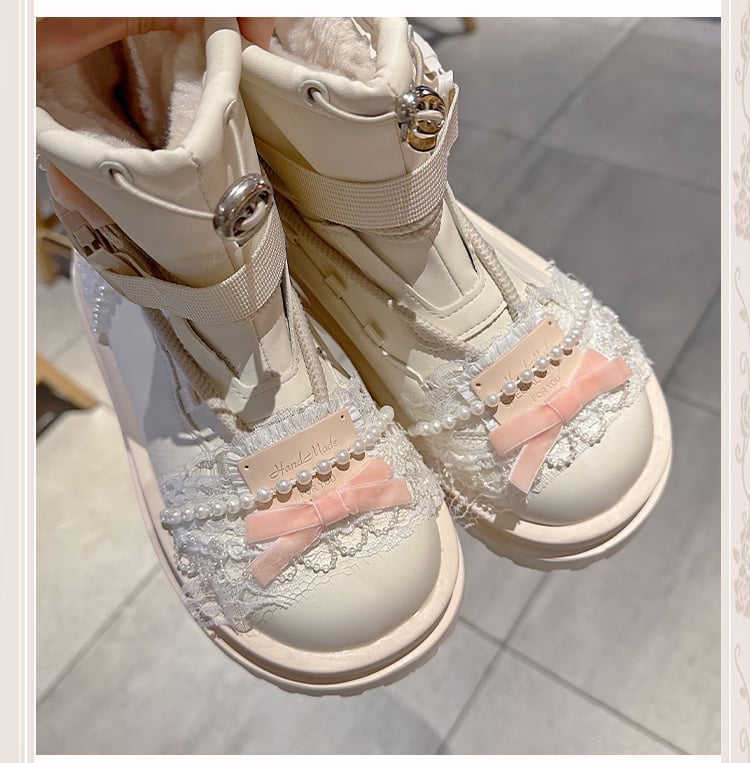 Beige Bow at Top Lace Beaded Chain Ankle Boots
