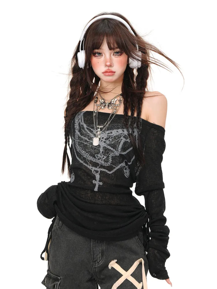Top Graffiti White/Black Semi-sheer Drawstring Waist