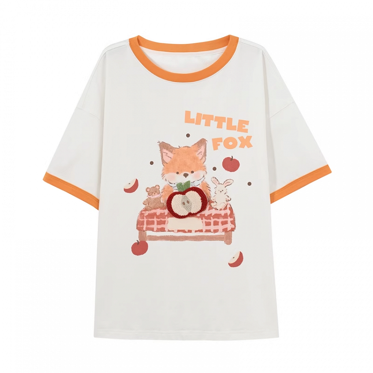 White Cartoon Fox Print Long Version T-Shirt with Apple Brooch