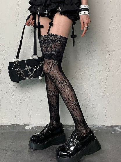 Floral Gyaru Trim Pattern Lace Fashion Y2K Overknee Stockings Black