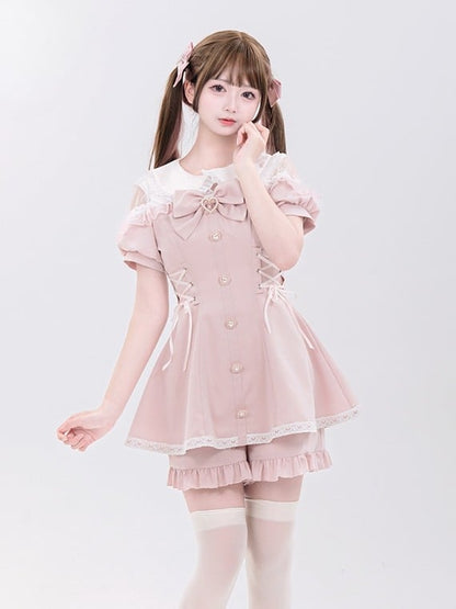 Lace Outfit-Lace-up Kei Ruffles Trim Sleeves Short Jirai Pink Shorts + Details Top