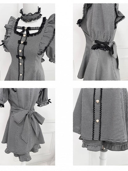 - Flutter Sleeves Self-tie Bow Back Mini Dress + Shorts Black + Set Jirai Kei Choker