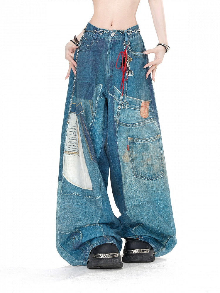 Wash Faded Pockets Wide-Leg Cut Jeans Denim Blue