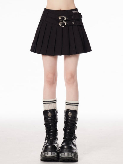 Style Pleated Skirt Double Heart Buckles Black Preppy