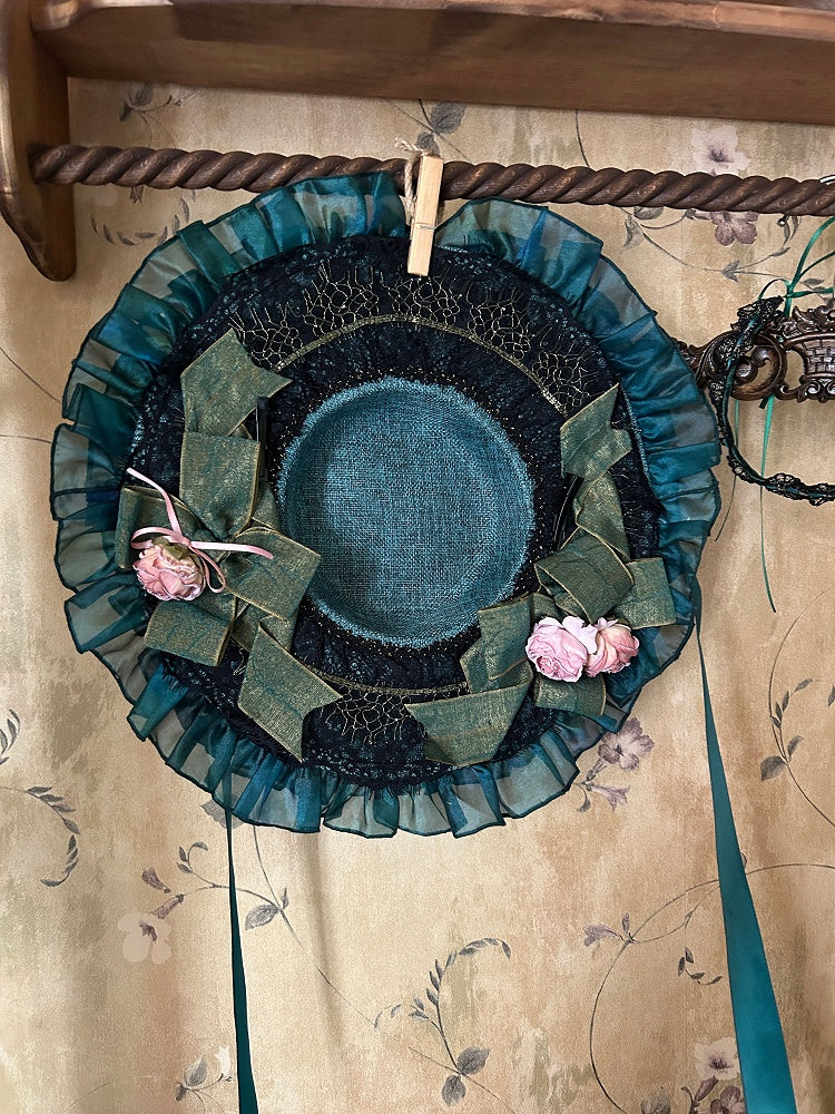 Chapeau Lolita à nœuds verts et fleurs