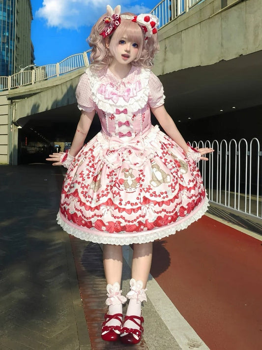 Cottagecore Waist Bowknot Lolita Sleeveless Country at Dress Strawberry and Bunny Print Pink Details