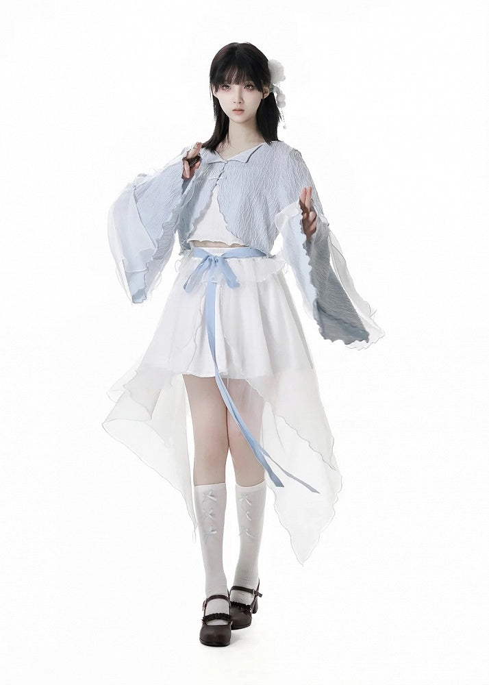 Free Top Knot Cheongsam Style Cropped Cami Buttons Bell Sleeves Blue Cardigan