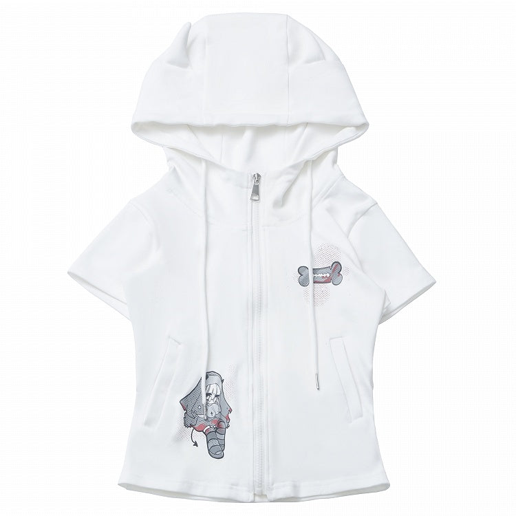 Short Sleeves Top Black/White Devil Horn Design Hood Zip Closure