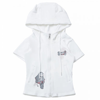 Short Sleeves Top Black/White Devil Horn Design Hood Zip Closure