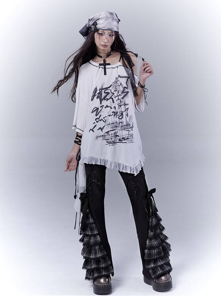 Graphic T-Shirt with Waist Hem White Asymmetrical Neckline Ruffle Strap Self-tie