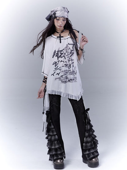 Graphic T-Shirt with Waist Hem White Asymmetrical Neckline Ruffle Strap Self-tie