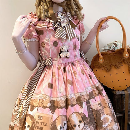 Robe Lolita rose à manches courtes et imprimé chiot et biscuit