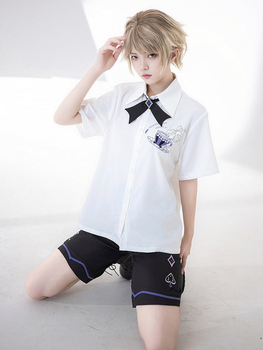 White Fashion Tea Cup Ouji Summer Embroidery Shirt Pocket