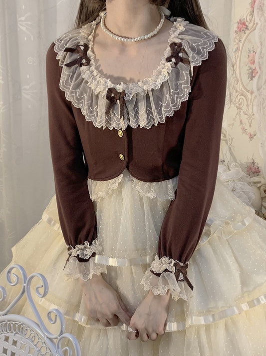 with Sleeves Accents Delicate Lace Cardigan and Coffee Bow Cozy Long Trim