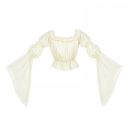 Ärmel Bell Marie Manschetten Beige Bluse Ausschnitt elastisch
