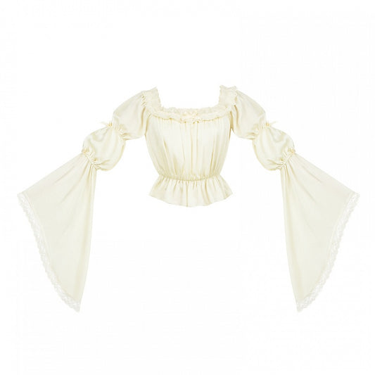 Ärmel Bell Marie Manschetten Beige Bluse Ausschnitt elastisch