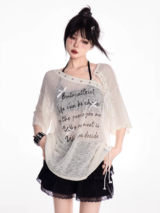 Apricot Lace-up Asymmetrical Neckline Letter Print Semi-sheer