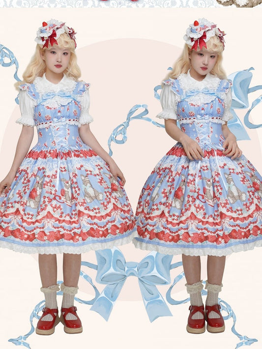 Sleeves Country Jumper Lolita Dress Skirt Front Flutter Cottagecore Blue Strawberry and Bunny Print Lace-up