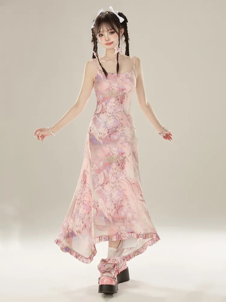 Pink Holiday Hem Asymmetrical Dress Butterfly Ruffle Midi Print