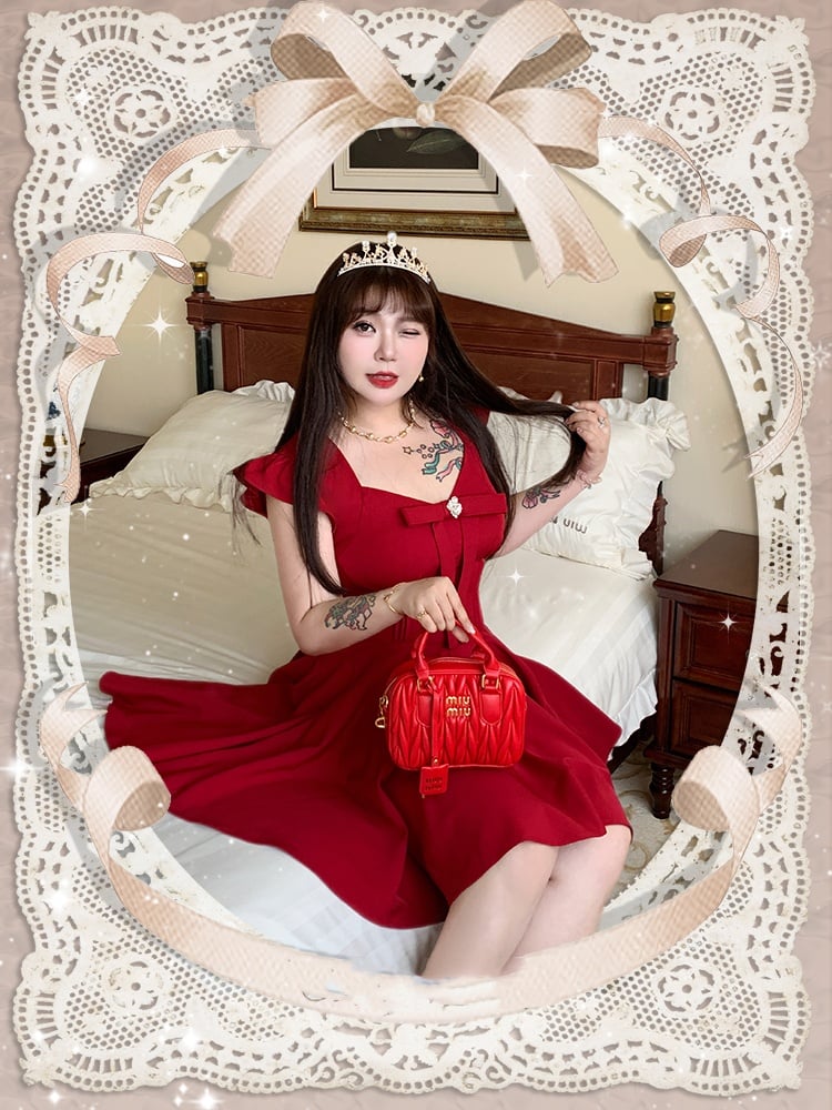 Plus Size V-neck Dress Flutter Sleeves Big Bow Front Red