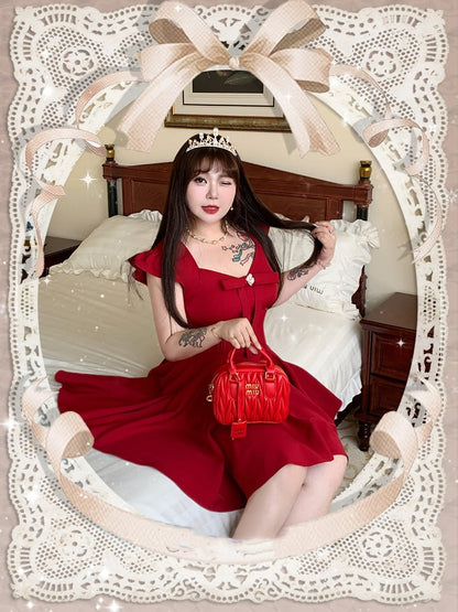 Plus Size V-neck Dress Flutter Sleeves Big Bow Front Red