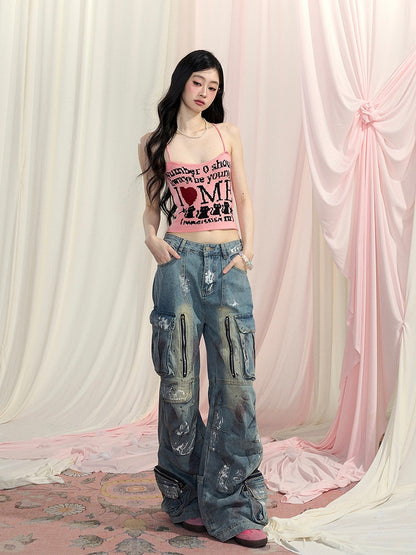 Letter Cropped Top Print Glamorous Pink/Black/Apricot Halter Neck