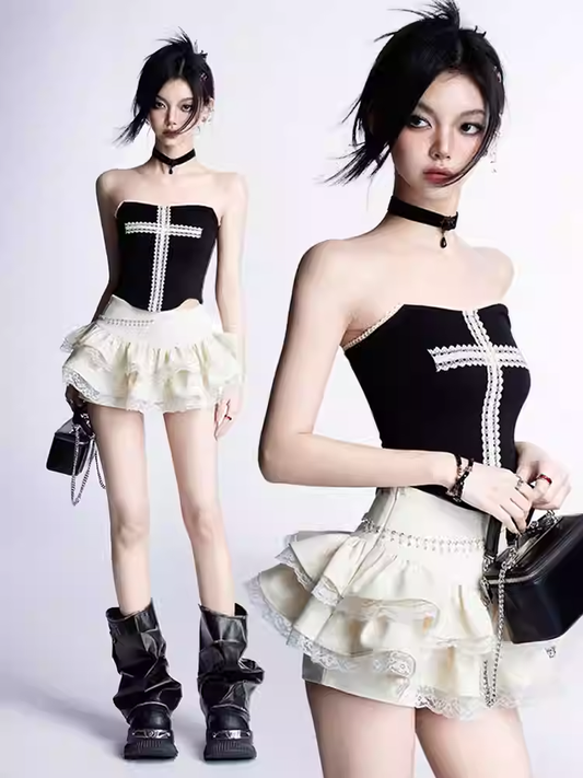 Tiered Skirt Strapless Lace Mini Trim Top/Apricot White Lace Cross Design Black Curved Hem Glamorous
