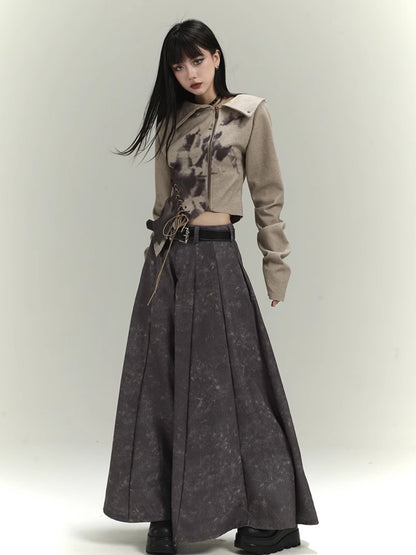 Wasteland Punk Khaki Asymmetrical Hem Cropped Jacket with Lace-up Detail at Front