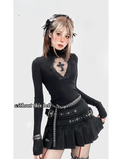 Black Buckle Belt with Stud Details Pleated Skirt with Tights