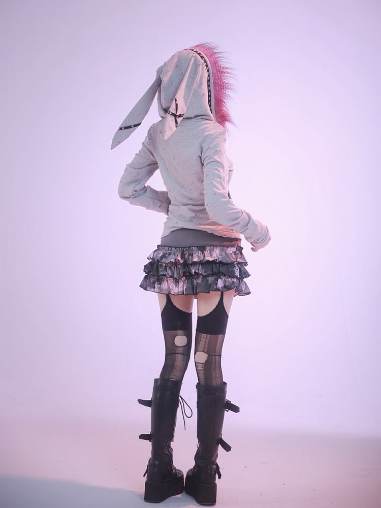 Punk Grey Oversized Bunny Ears Zip Hoodie