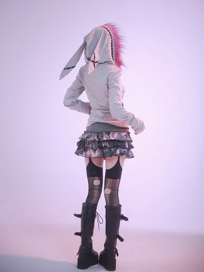 Punk Grey Oversized Bunny Ears Zip Hoodie