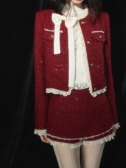 Christmas Red Tweed Cropped Jacket  Lace Trim Bowknot and Bead Details