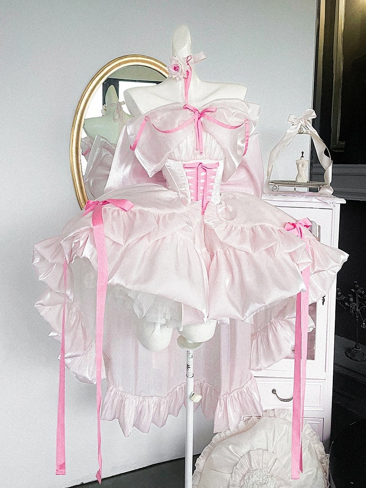 Pink Detachable Boned Basque Waist Puffy Dress with Large Bow Train