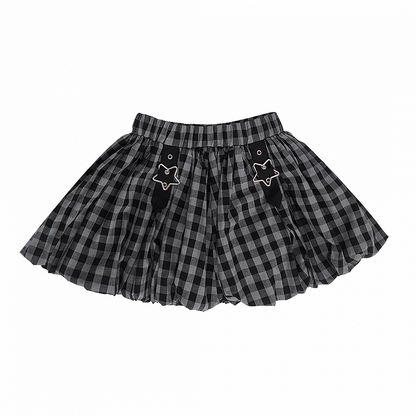 Plaid Bubble Skirt Y2K Gray / Red Star Buckles Black Black